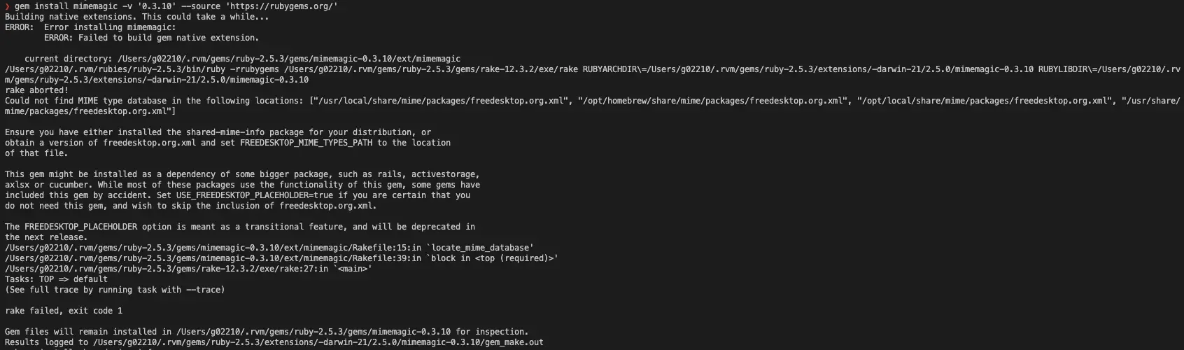 改用 gem install mimemagic 直接安裝仍出現 Rake failed 錯誤