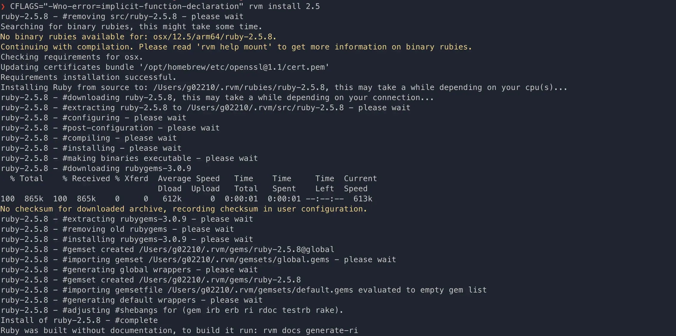 加上 CFLAGS 參數後 rvm install 顯示 ruby-2.5.8 安裝完成