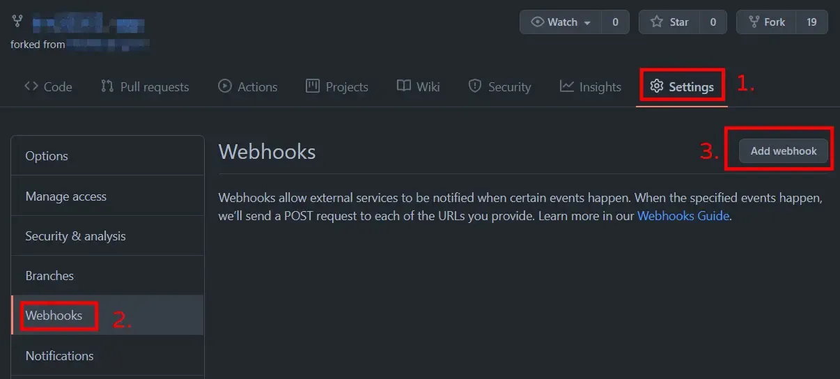 GitHub Repo 設定頁中 Webhooks 分頁的 Add webhook 按鈕