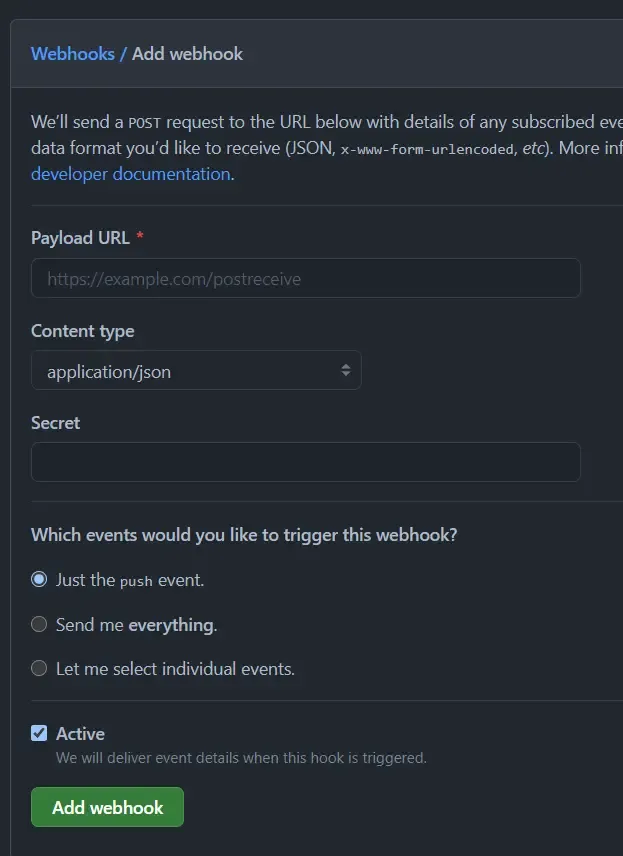 GitHub Webhook 表單填寫 Payload URL、Content type 等欄位的畫面